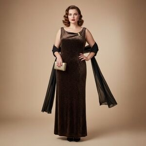 Joseph Ribkoff Brown Velvet Leopard Maxi Dress Gold Brooch Cowl Neck Slit 12